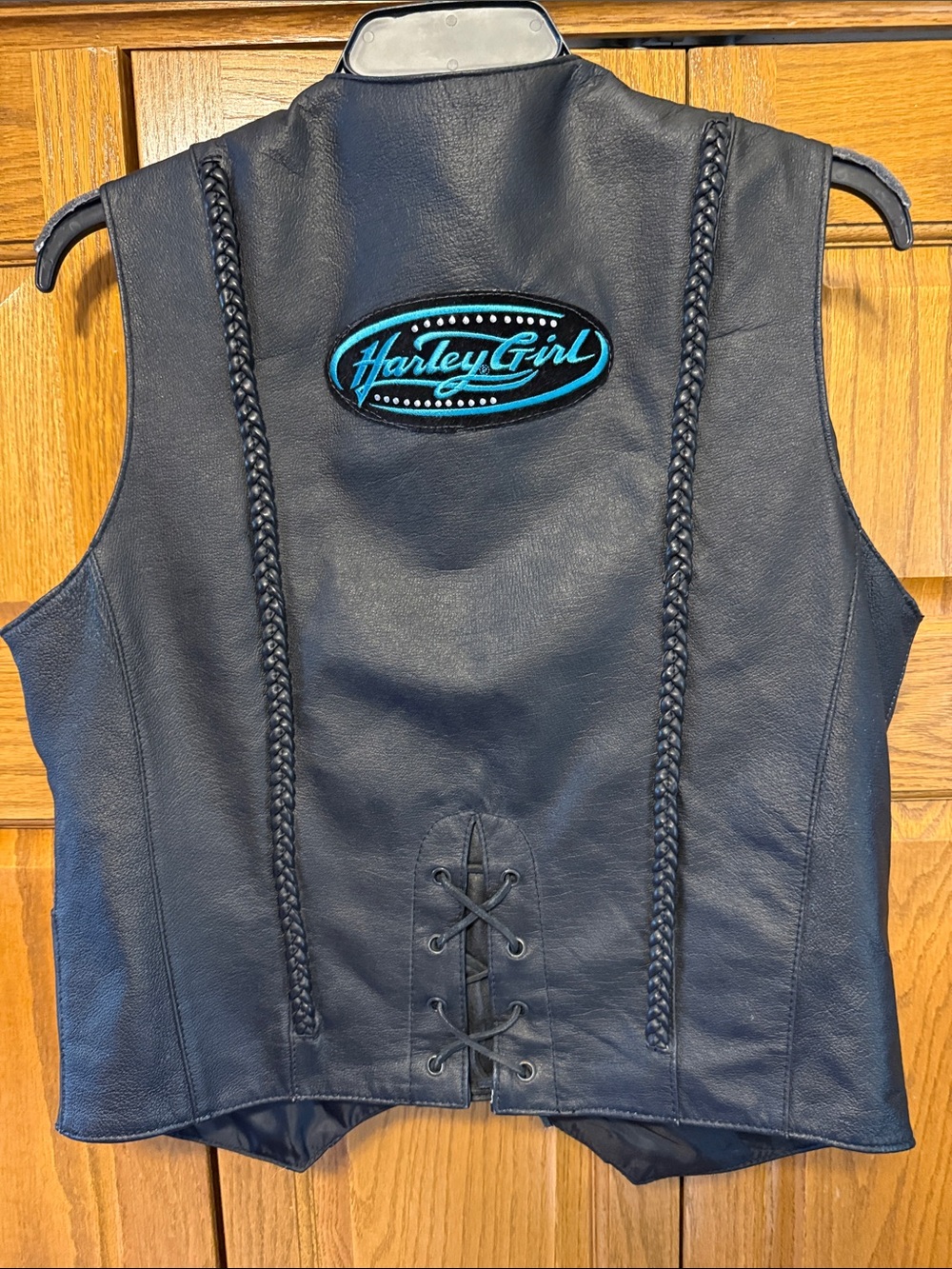 Classic Black Women’s Leather Braided Vest - Patch on Back “Harley Girl” Women